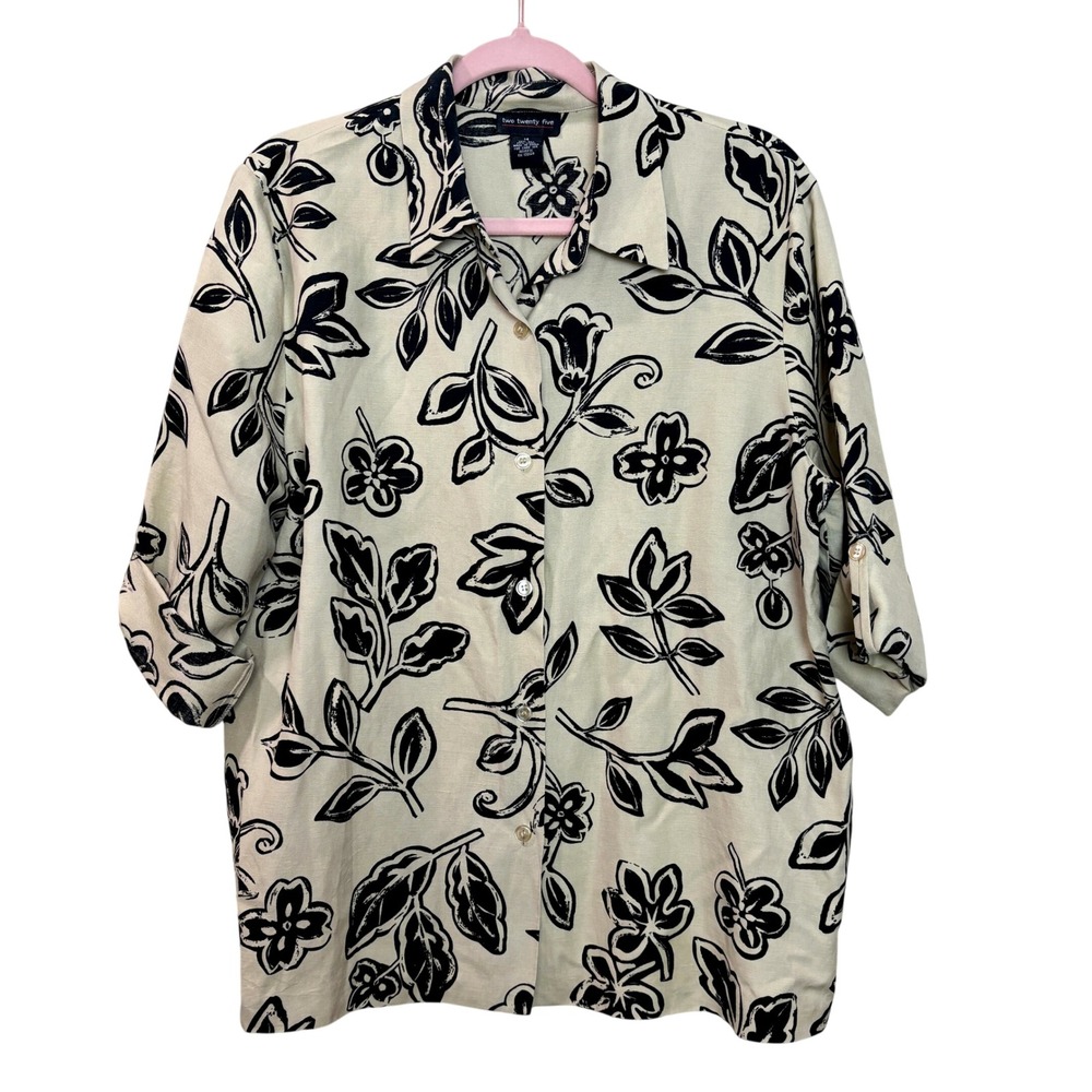 Two Twenty Five Women's 14 Blouse Silk Linen Floral Print Button Shirt Roll Tab‎